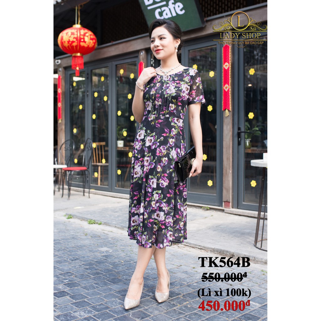 Đầm trung niên đầm Quý bà cao cấp Ladyshop Đầm xòe thun lưới ngực xếp ly dập đá pha lê TK564