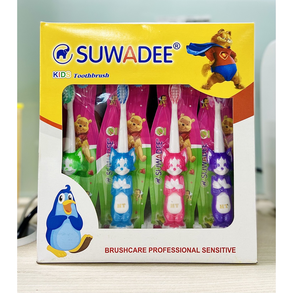 Bàn chải đánh răng trẻ em Hình thú đủ màu đáng yêu SUWADEE siêu mềm 0,01mm cho bé trai/bé gái đế hít giữ đứng bàn chải