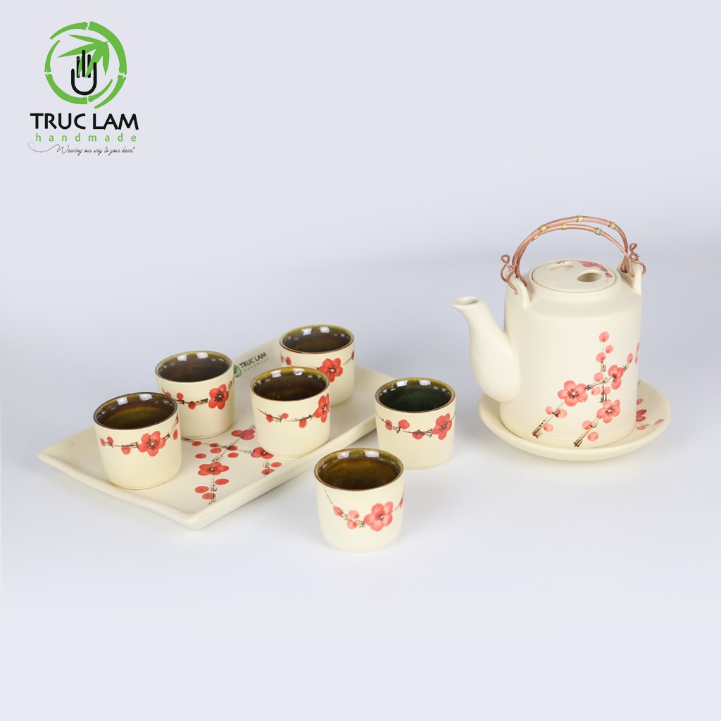 Bộ Ấm Chén Pha Trà Gốm Sứ Bát Tràng Họa Tiết Hoa Đào - Trúc Lâm Handmade