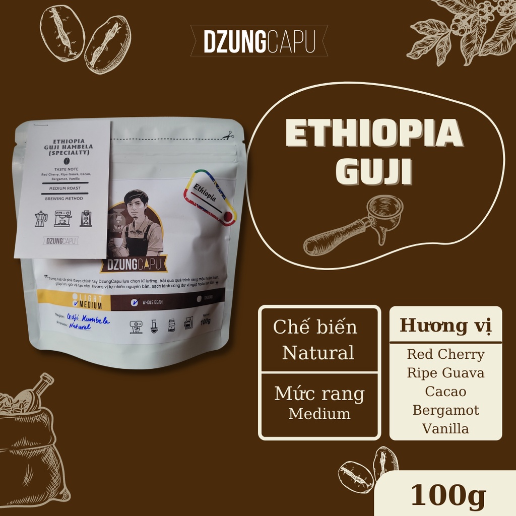 Cà phê Ethiopia Guji Hambela - Sơ chế Natural - gói 100g - DzungCapu Specialty Coffee