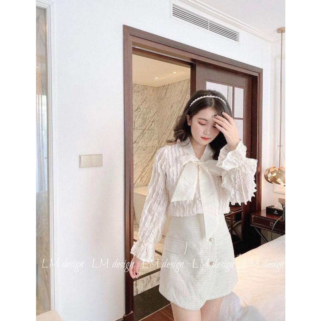 áo sơ mi tiểu thư khuy ngọc cổ nơ sóng nhăn Tặng Kèm áo hai dây