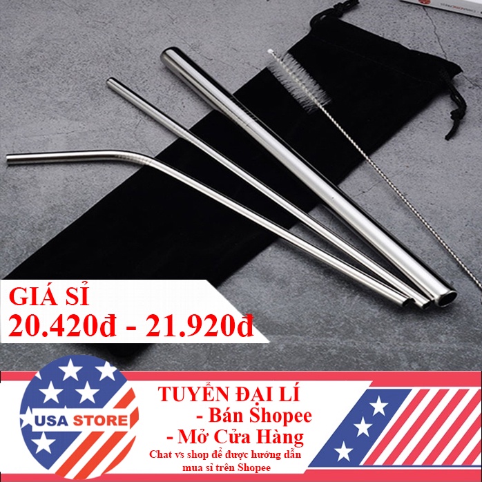 (Video Review) Set 3 Ống Hút Dài Inox 304 Đủ Size Kèm Chổi Cọ Rửa Và TÚI DÂY RÚT (Màu Bạc)