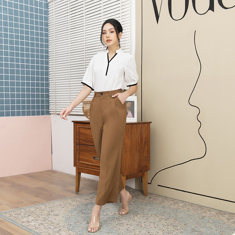 Áo sơ mi trắng nữ kiểu cổ V Chunxuu, thiết kế tay ngắn phối màu thanh lịch chất lụa cao cấp chống nhăn - SP18