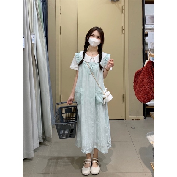 Set áo sơ mi cổ sen và yếm hai dây dáng dài có túi thích hợp đi du lịch biển, Đà Lạt