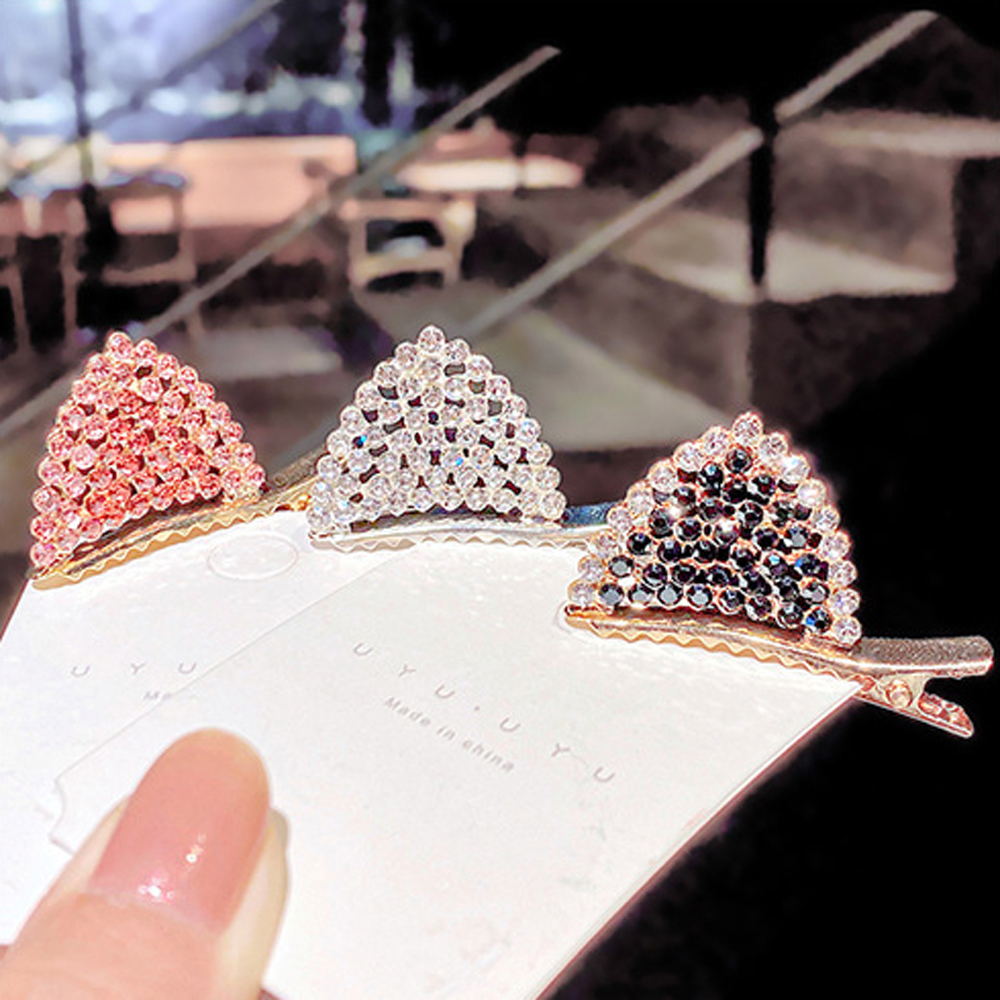 Set 2 Kẹp Tóc Nữ Hình Tai Mèo Đính Pha Lê Xinh Xắn