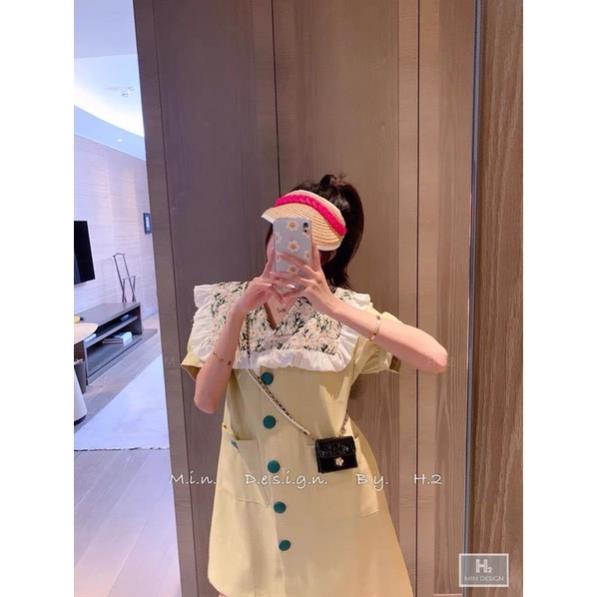 Váy suông cổ bèo hoa nhí tay phồng gài nút vải siêu đẹp( hình thật)