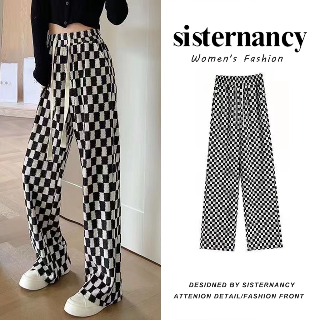 COZOK Quần Dài Lưng Cao Ống Rộng Phối Dây Rút Họa Tiết Sọc Caro Thời Trang Cá Tính