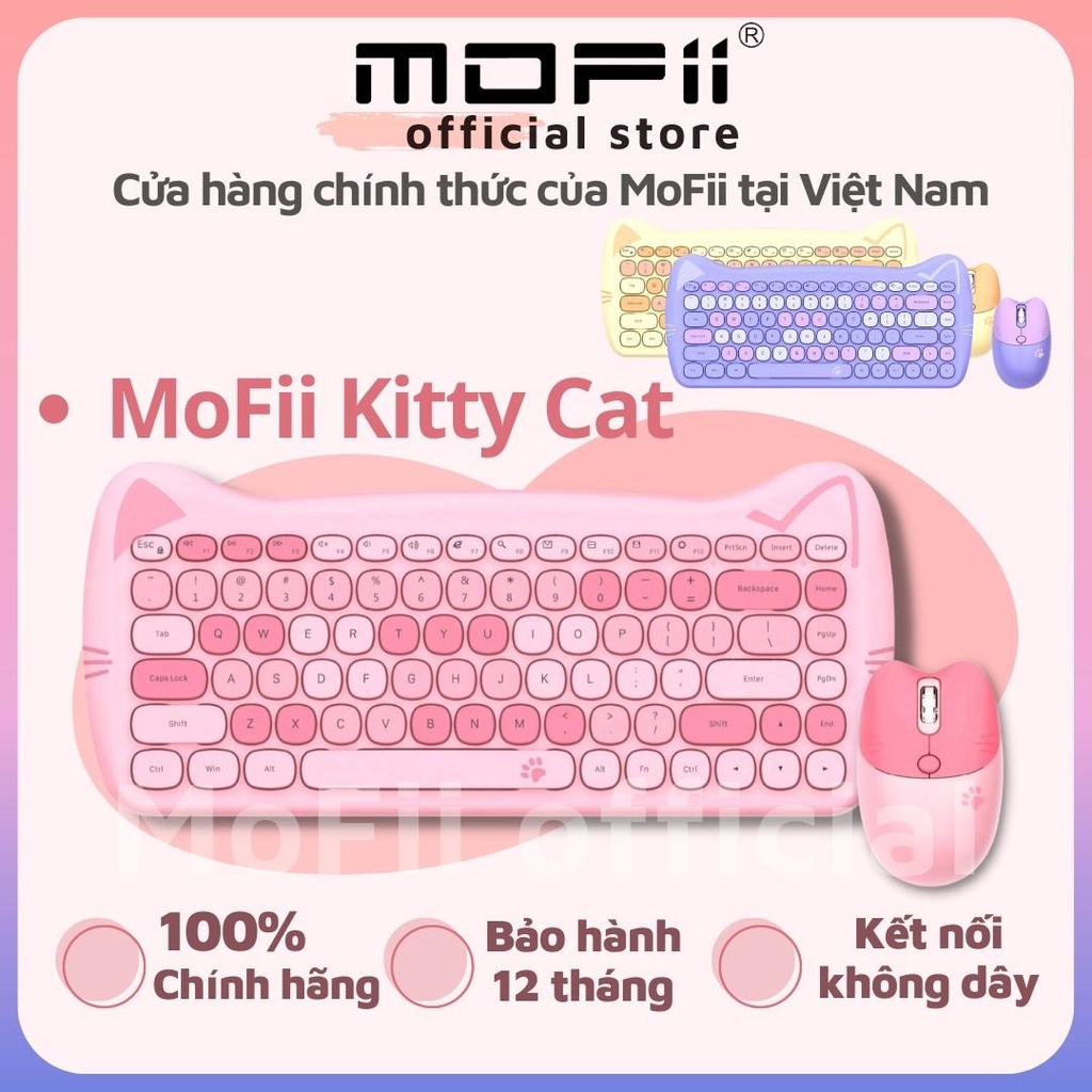 COMBO BÀN PHÍM VÀ CHUỘT KHÔNG DÂY GIẢ CƠ MOFII KITTY CAT - MOFII GEEZER TAI MÈO DÙNG CHO WINDOW, MACOS, ANDROID,...