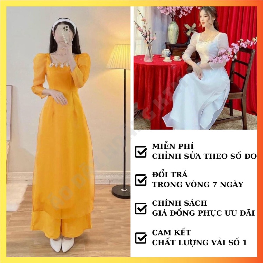 ÁO DÀI NỮ CÁCH TÂN CỔ VUÔNG, TAY VOAN BỒNG, ĐÍNH HOA ÁO DÀI 4 TÀ MÀU VÀNG Và MÀU TRẮNG ADCTCVTV