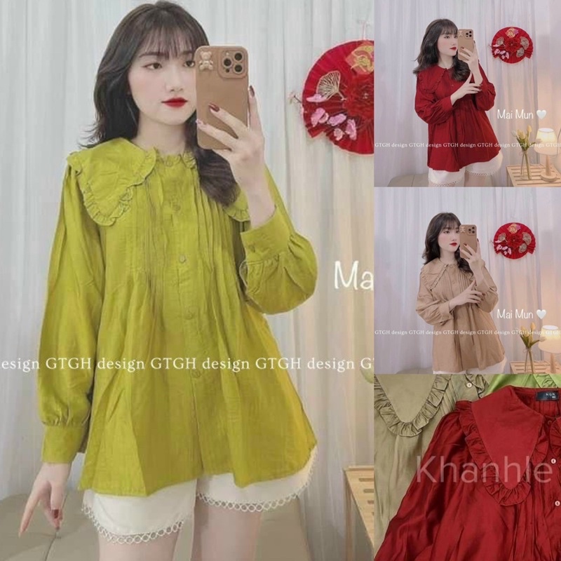 Set sơ mi dài tay cổ sen viền bèo ba màu xanh đỏ nâu với quần short ngắn phối ren lung linh (ST 11)
