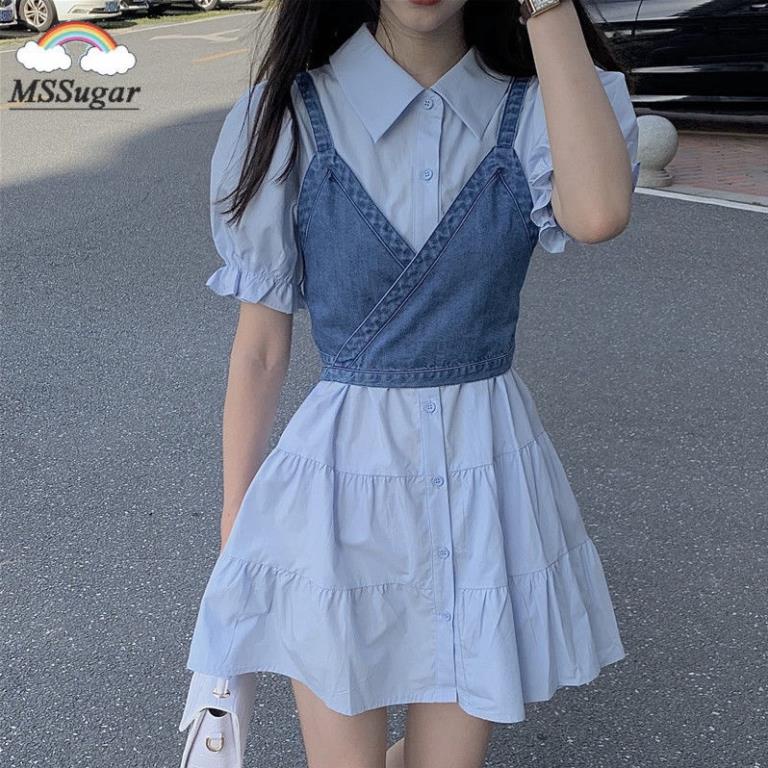 Váy nữ Set đầm sơ mi tay bo phồng + áo yếm denim duyên dáng dành cho phái đẹp 2020 có bán lẻ Váy ,