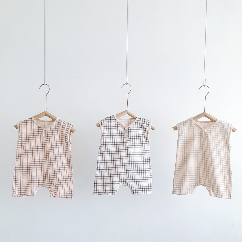 Bộ Áo Liền Quần Sát Nách Bằng Vải Cotton Họa Tiết Ca Rô Đơn Giản Thời