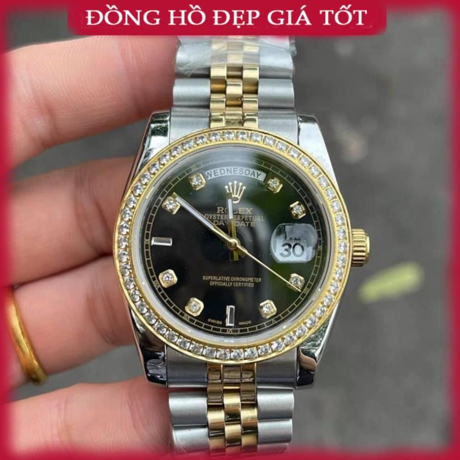 Đồng hồ Nam Ro-lex máy nhật mặt đen đơ mi vàng day date số đá 38mm dòng cơ Automatic WACH