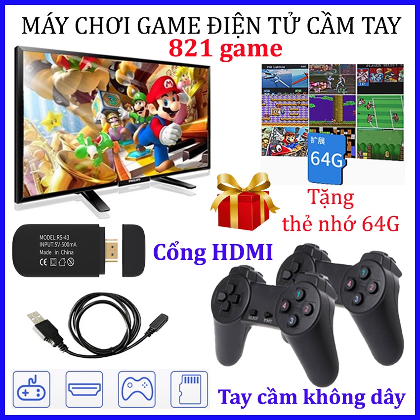 🎉Hà Nội🎉 Máy Chơi Game Cầm Tay 4 Nút 821 trò, HDMI - Kết Nối Tivi Tặng Thẻ Nhớ 64G - Kèm 2 Tay Cầm Không Dây