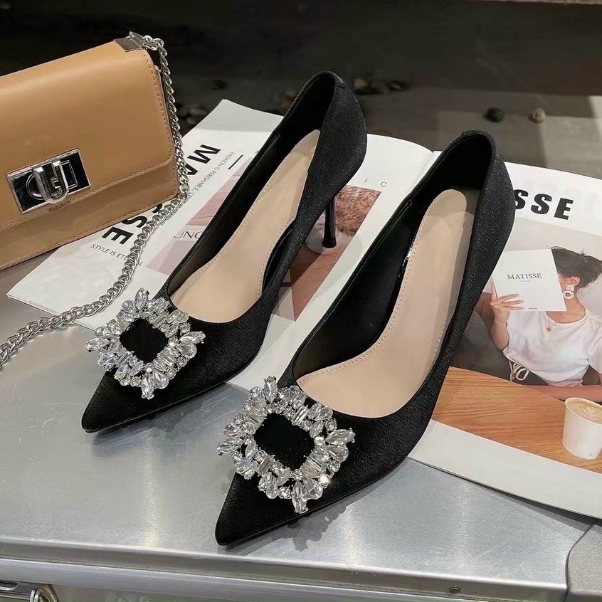 G22 Giày cao gót nữ hoa đá vuông vải lụa cao 7p sang chảnh