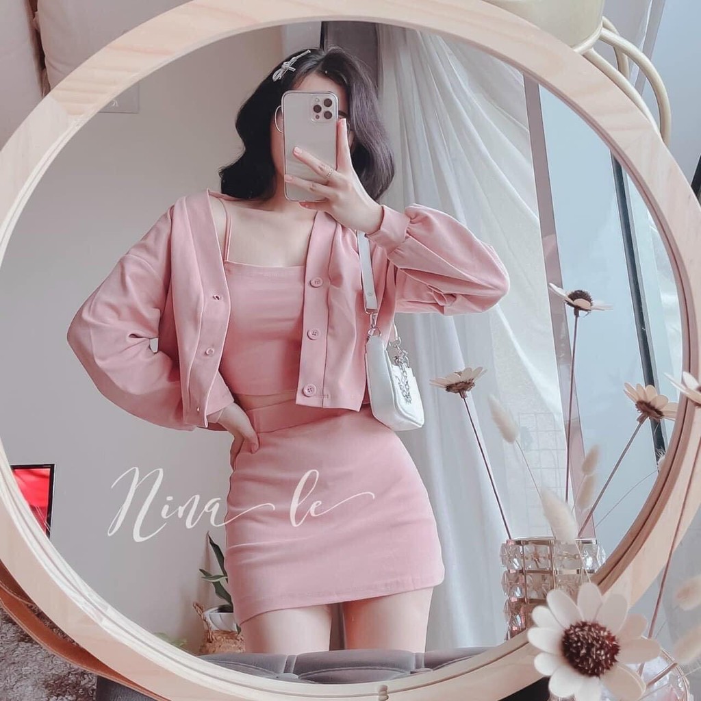 Set váy 3 món ( chân váy + áo croptop 2 dây + khoác croptop ) 3 màu hồng/trắng/đen siêu dễ thương Nguyễn Hoa