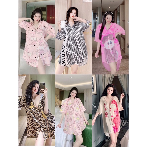 Đầm ngủ lụa cổ sơ mi hàng thiết kế cực xinh form rộng bầu bì bon chen thoải mái