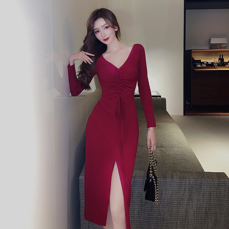 DUNEA Đầm Tay Dài Cổ Chữ V Xẻ Sâu Gợi Cảm Thời Trang Cho Nữ