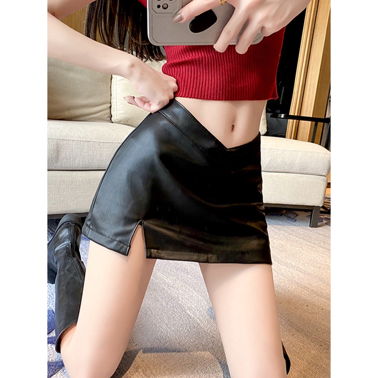 QADCOL Chân Váy Da PU Dáng Chữ V Xẻ Tà Hông Chống Trượt Thời Trang Mùa Thu Quyến Rũ Cho Nữ