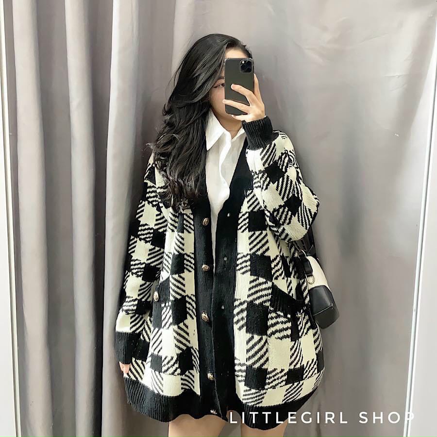Áo khoác len cardigan nữ, áo len cadigan dáng dài kẻ caro siêu đẹp dành cho các nàng chất len dày dặn mặc cực ấm | BigBuy360 - bigbuy360.vn