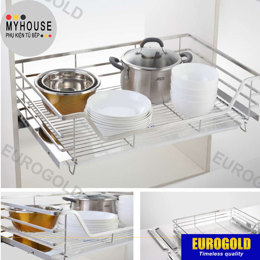 Kệ để xoong nồi EUROGOLD Inox 304 nan dẹt ray giảm chấn, Kệ để đồ tủ bếp dưới, phụ kiện tủ bếp