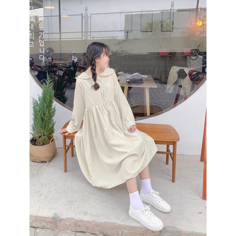 Đầm babydoll màu be cổ bèo