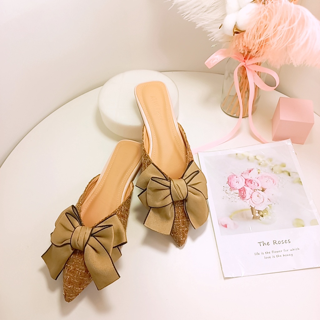 Giày Sục Nữ MINHTUYETSHOES Đế Bệt Mũi Nhọn - Sục Nữ Thắt Nơ Lụa Xinh Xắn Mẫu Mới Mã SNL ĐI TIỆC,ĐI CHƠI,ĐI LÀM