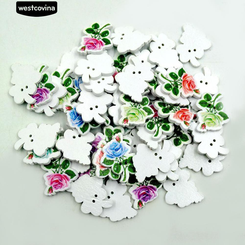 Set 50 Cúc Gỗ 2 Lỗ Hình Bông Hoa Chuyên Dụng Cho Thợ May Vá