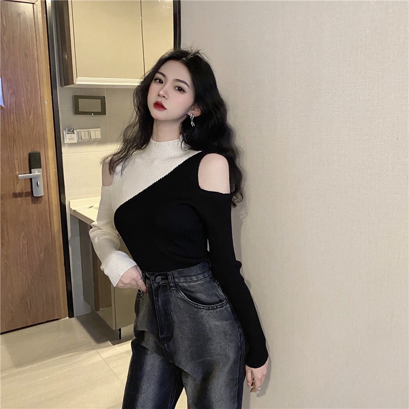 Porozi  Áo dệt kim dài tay hở vai phong cách Hàn Quốc cho nữ