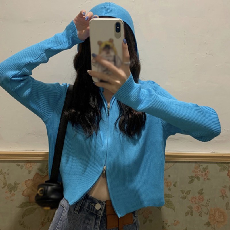 Áo Khoác Cardigan Dệt Kim Tay Dài Màu Trơn Phối Khóa Kéo Cá Tính Cho Nữ