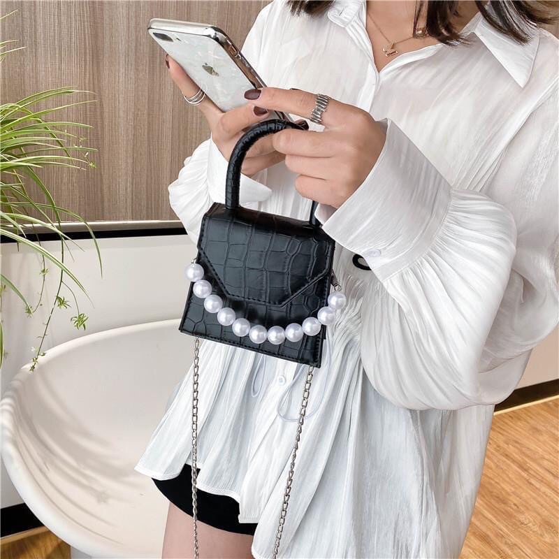 Túi Đeo Chéo Mini Phối Quai Ngọc, Túi Xách Nữ Da Rắn