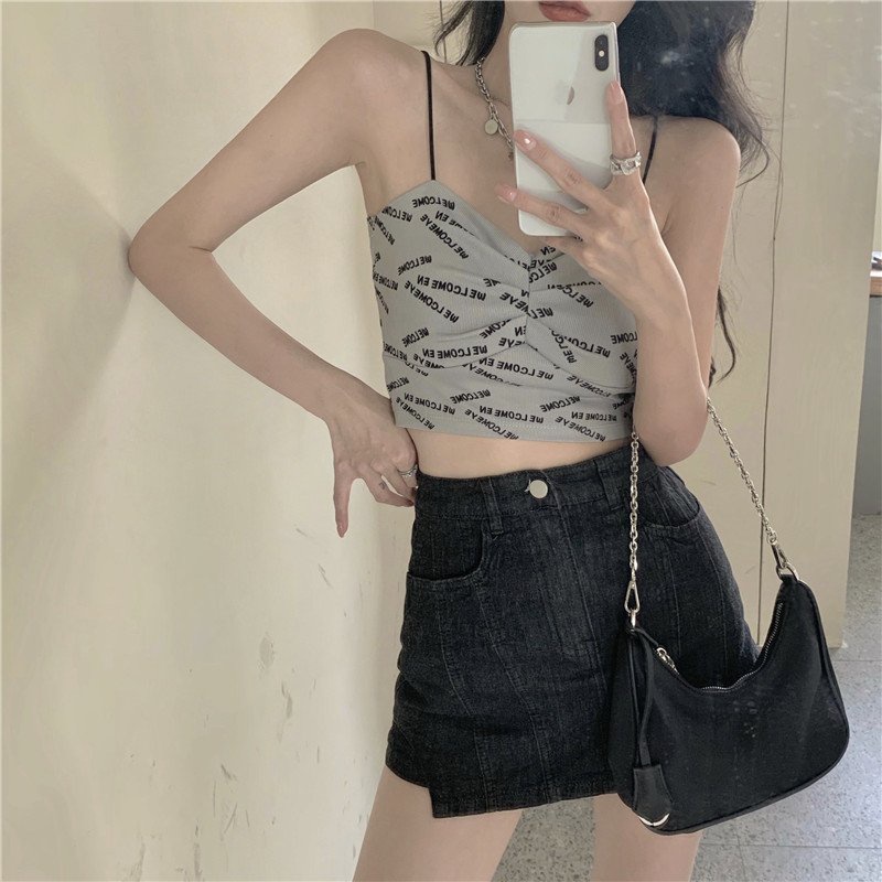 Áo croptop 2 dây nữ in chữ dúm ngực freesize Wikishop đen trắng ghi sexy hở lưng dáng lửng lộ eo C797