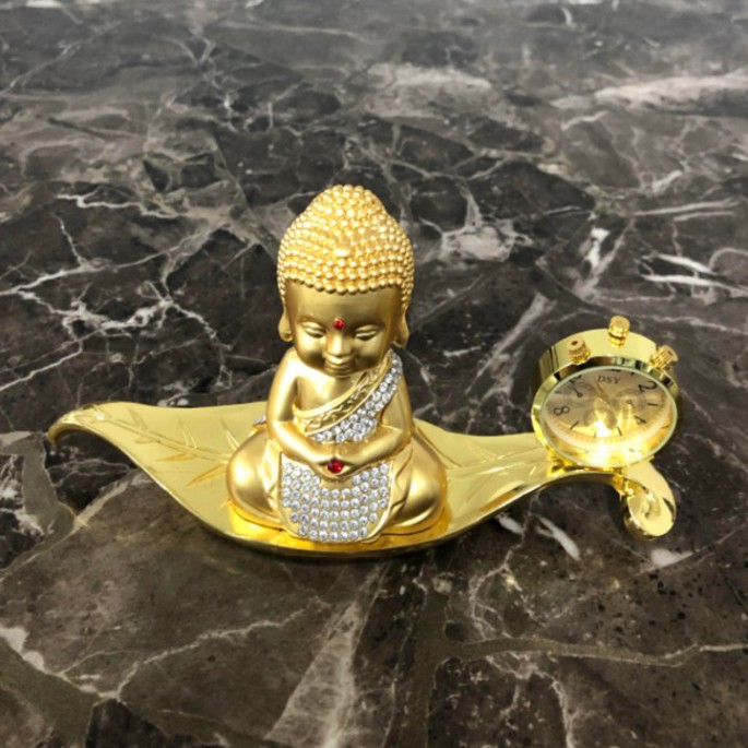Sản Phẩm Tượng phật đúc đồng mạ vàng, kiêm đồng hồ trang trí trên bàn làm việc, taplo ô tô, xe hơi cao cấp - Mã A72542 .
