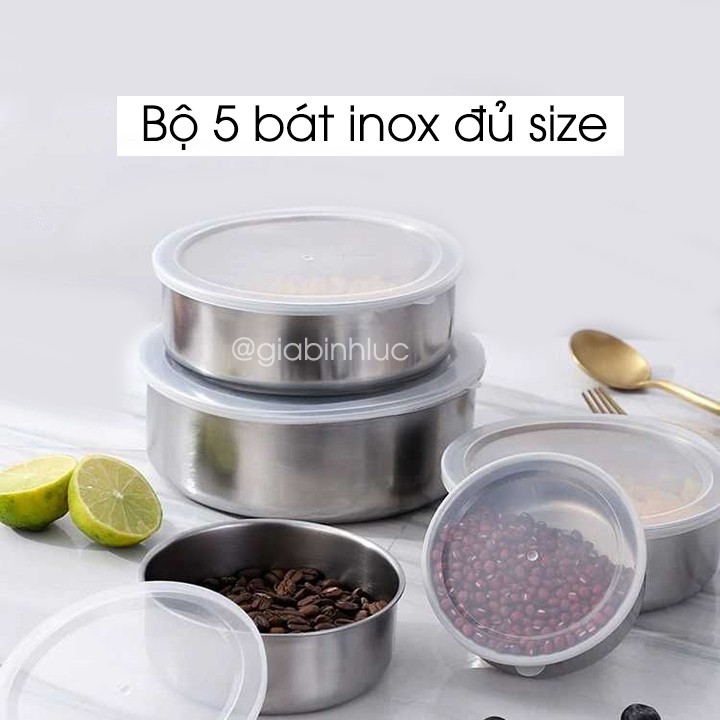 Bộ 5 bát inox đựng thực phẩm thức ăn có nắp đậy silicon