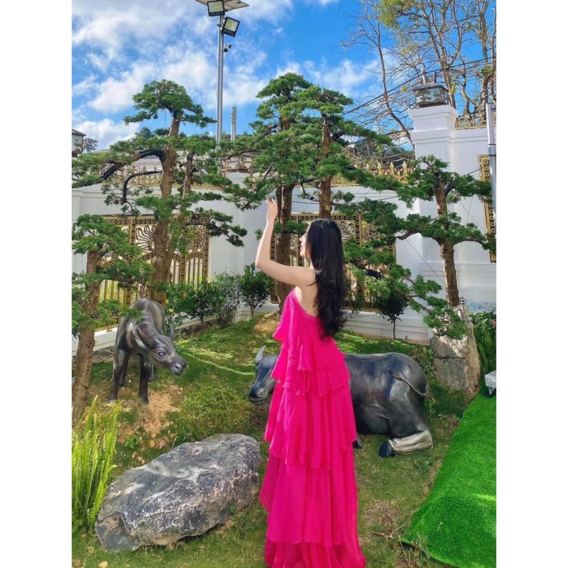 Đầm maxi voan xếp tầng cổ yếm xích | BigBuy360 - bigbuy360.vn