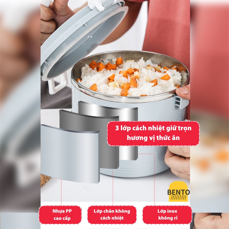 Cặp lồng đựng cơm giữ nhiệt lúa mạch 3 lớp, ruột inox chất lượng cao, tặng kèm bộ dụng cụ ăn uống