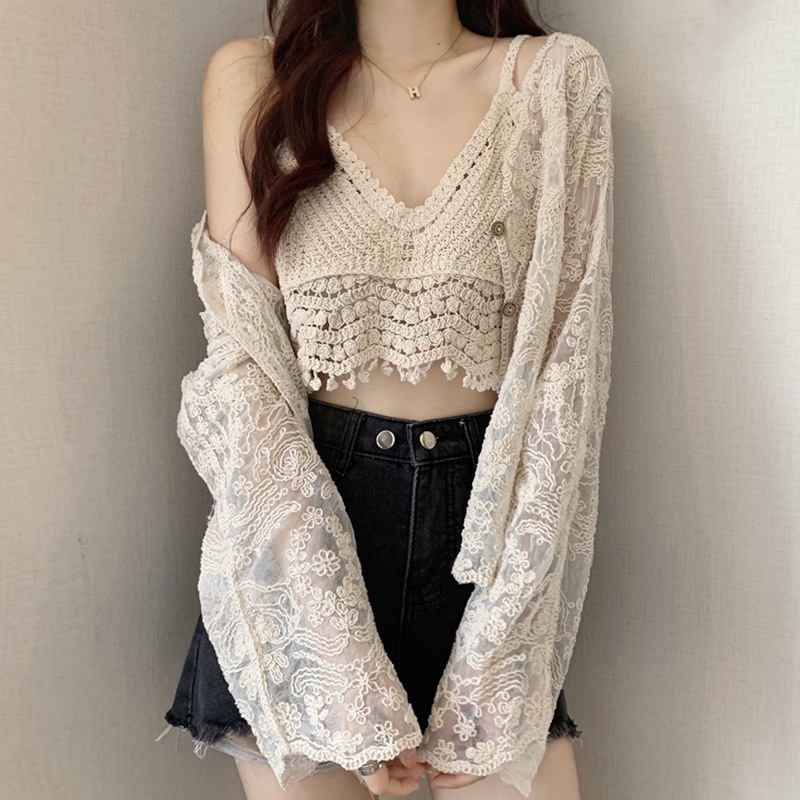 Set áo khoác IELGY dài tay ren mỏng và áo hai dây thời trang cho nữ