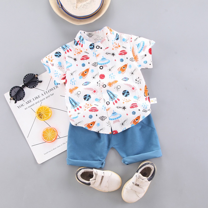 Bộ áo sơ mi phối quần short  in họa tiết hoạt hình dễ thương cho bé trai từ 0 - 4 tuổi