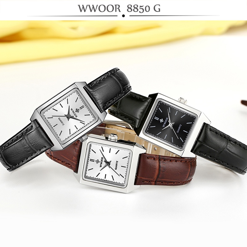 Đồng Hồ Đeo Tay WWOOR Mặt Vuông Dây Da Nâu Reloj Mujer-8850 Thời Trang Cho Nữ-8850