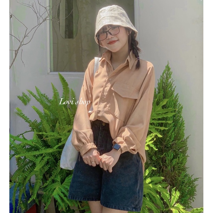 Áo sơ mi nhung tay cánh dơi form rộng 1 túi nắp viền Lovi