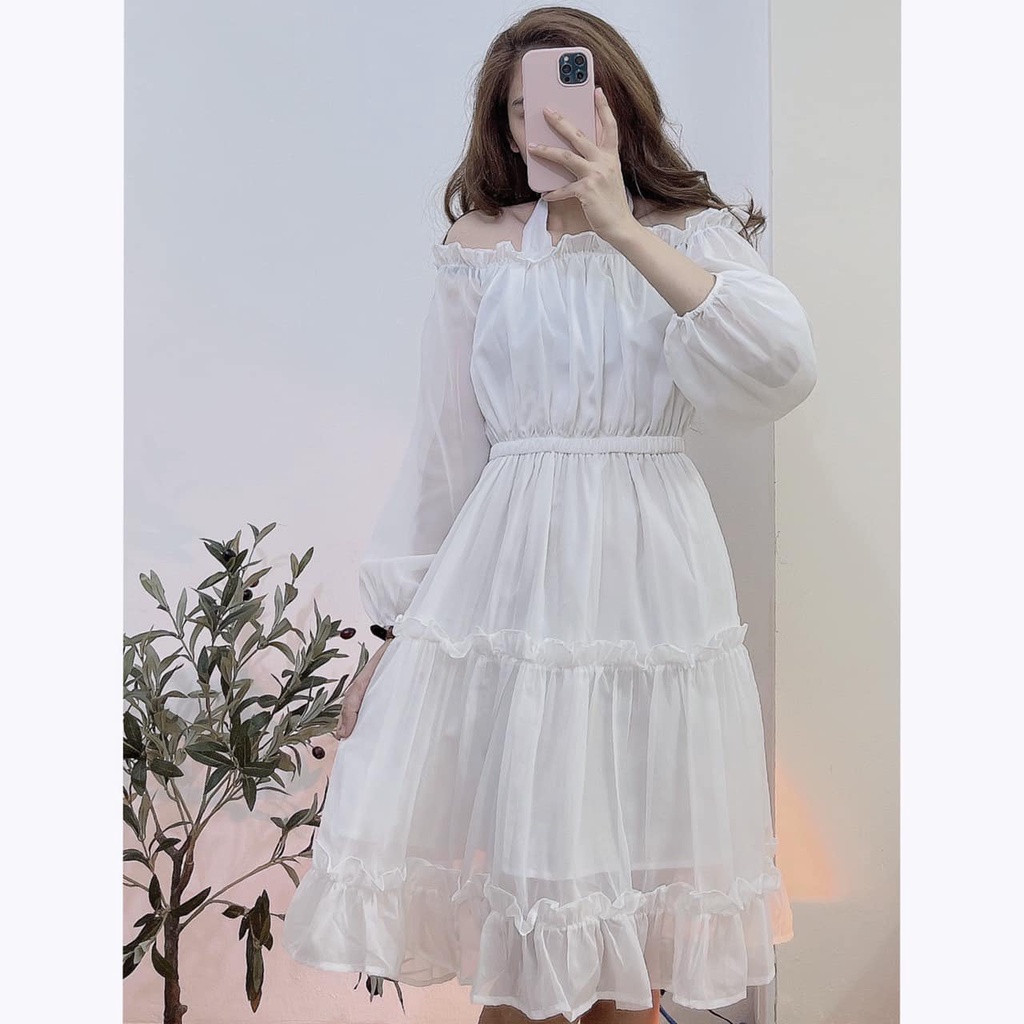 VÁY VOAN TRẮNG TRỄ VAI DÀI TAY TIỂU THƯ SANG CHẢNH