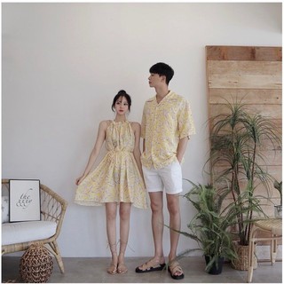 Váy đôi sơ mi đi biển ❤️FREESHIP❤️ Set đồ cặp hoa lá màu vàng đi biển hè AV38