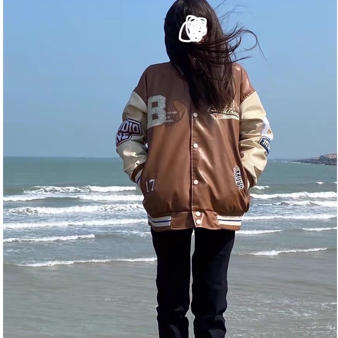 Áo Khoác Bóng Chày Thêu Chữ Phong Cách Retro Đường Phố Dành Cho Nam Và Nữ Vải da đôi Thêu núi lửa Máy bay ném bom của Mỹ áo khoác da