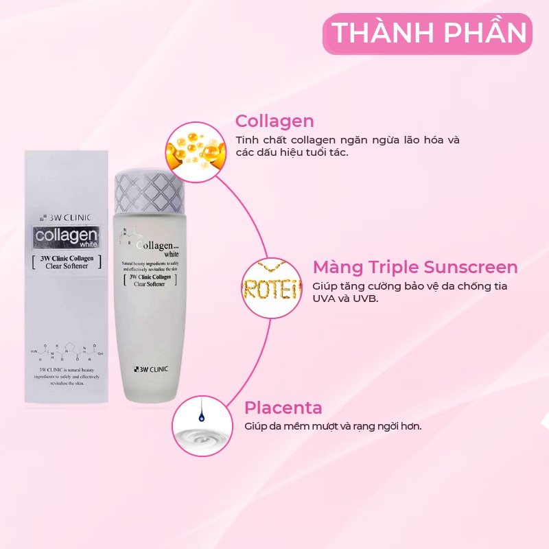 Nước Hoa Hồng Trắng Da 3W CLINIC Hàn Quốc Chiết Xuất Từ Collagen Giúp Se Khít Lỗ Chân Lông Mềm Mịn Da 150ml