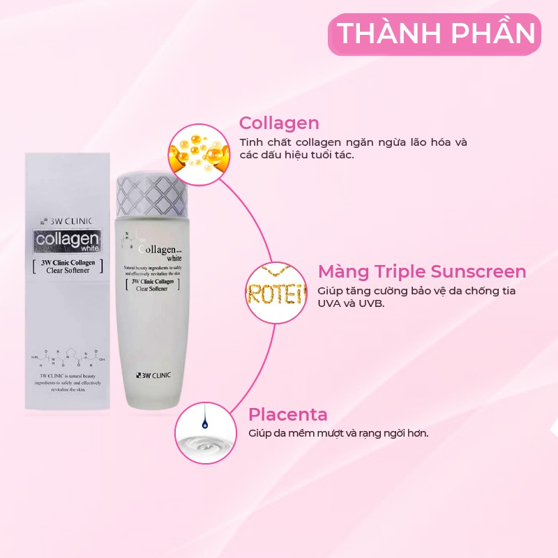 Nước hoa hồng dưỡng trắng da 3W Clinic Hàn Quốc chiết xuất từ Collagen giúp se khít lỗ chân lông mềm mịn da 150ml