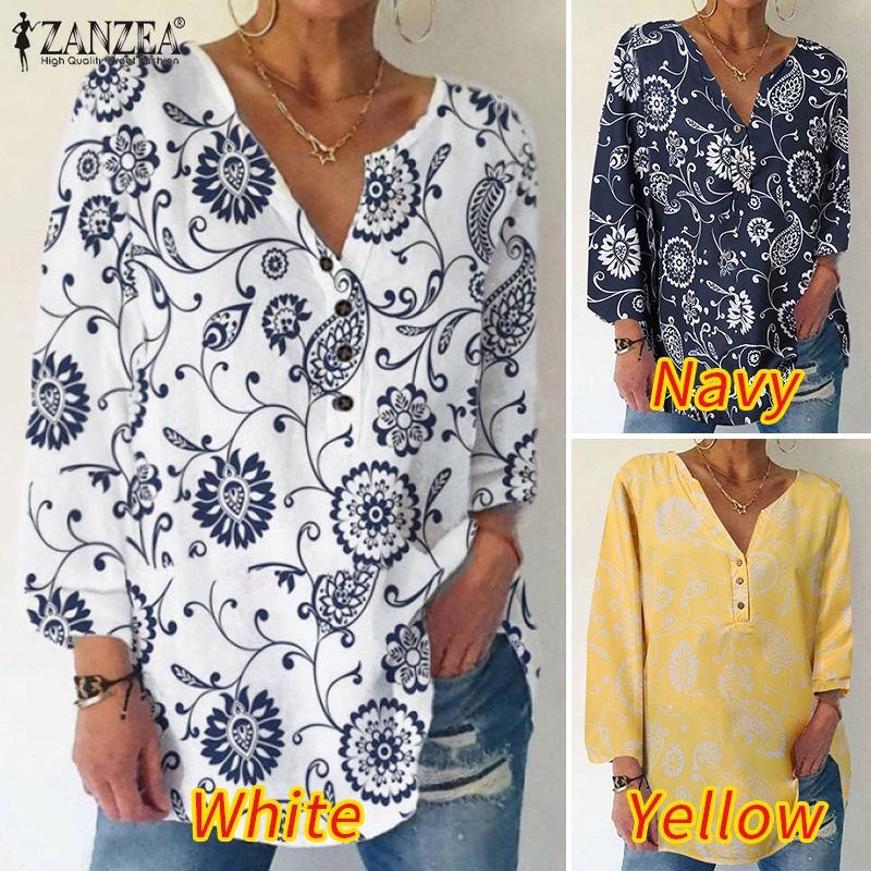 Áo sơ mi ZANZEA cổ V tay dài in hoa thời trang cho nữ