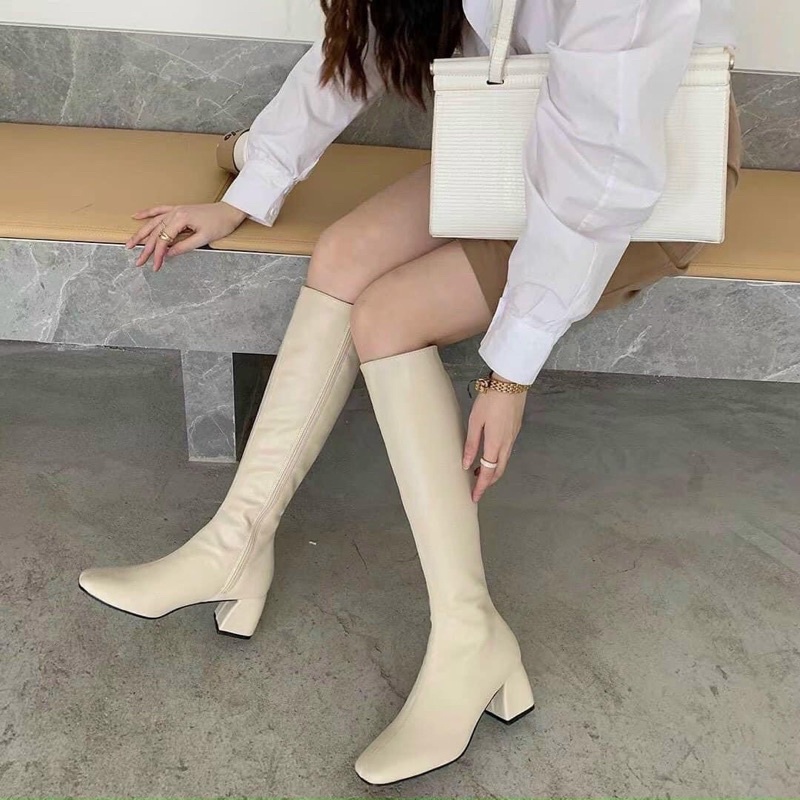 Boot đùi da mềm gót vuông dễ đi