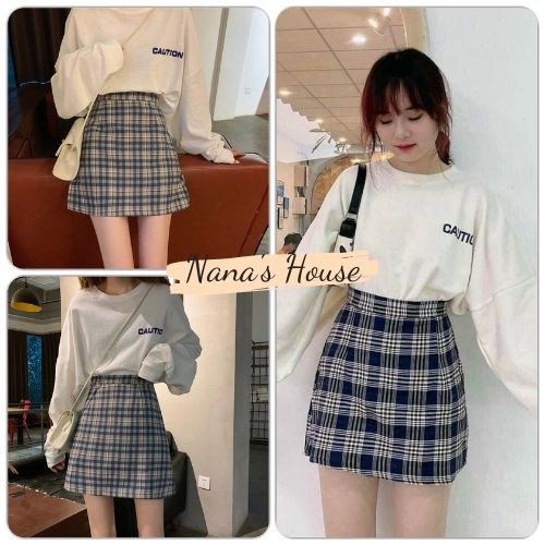Set Chân Váy Caro & Áo Thun Dài Tay 🎁 Nana's House - FREESHIP 🎁 Bộ chân váy nữ kẻ caro kèm áo thun Cautio SIÊU HOT