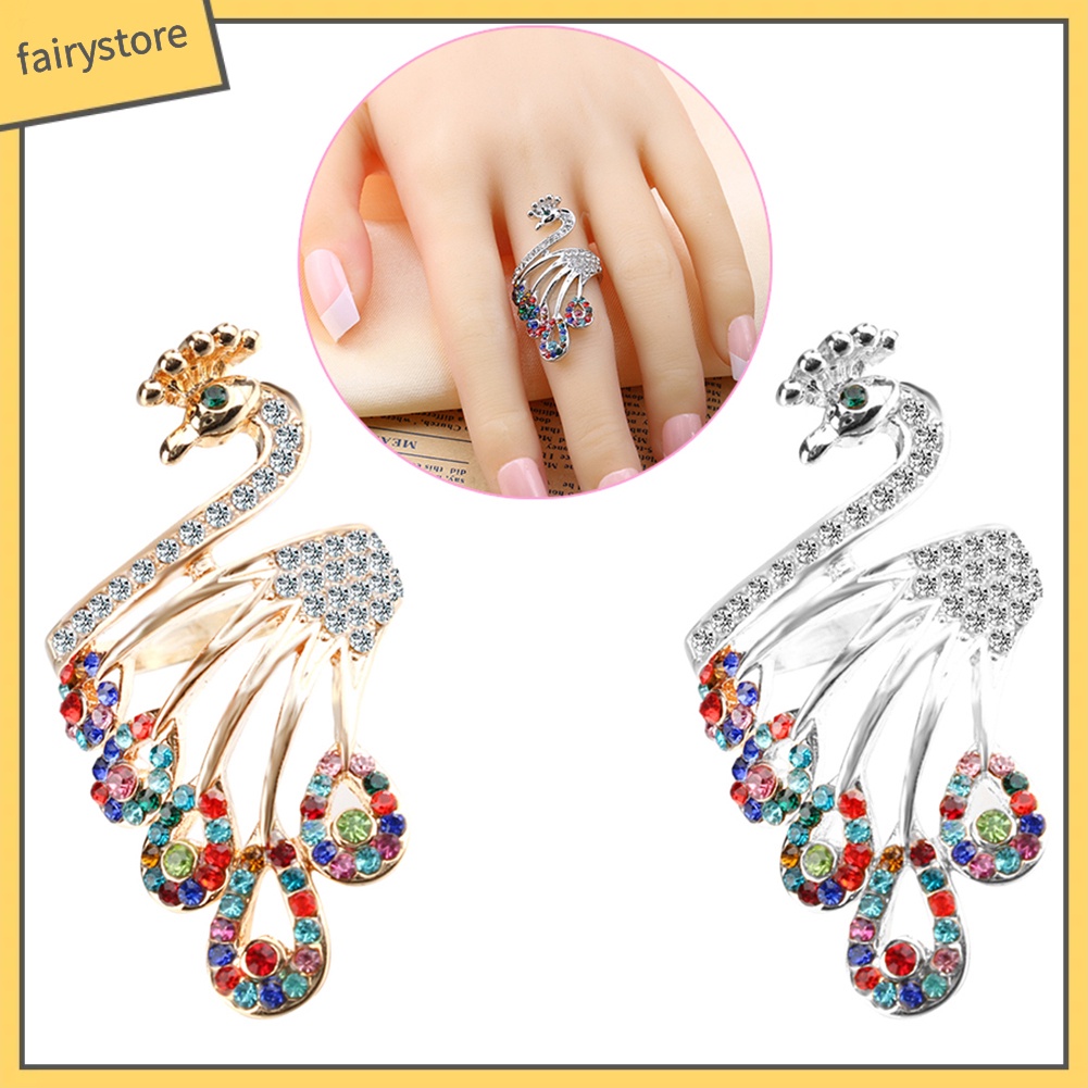 Nhẫn mạ vàng hình chim công đính đá phong cách retro thời trang