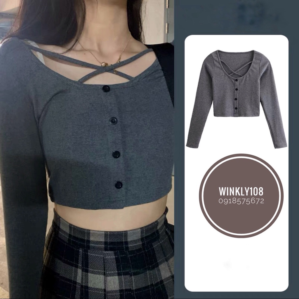 [Ảnh thật] Áo croptop len tăm body chéo dây dài tay -Áo croptop kiểu thun tăm dáng ôm ulzzang